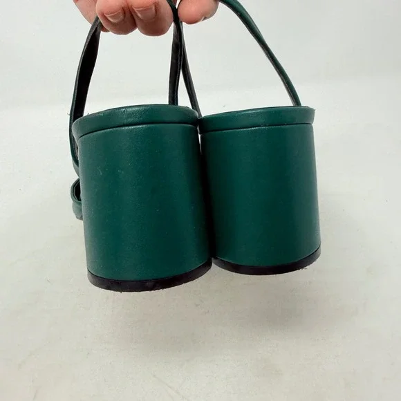 Zara Emerald Green Leather Slingback Block Heel Gold Shell Square Toe Pumps 41 - Picture 7 of 10